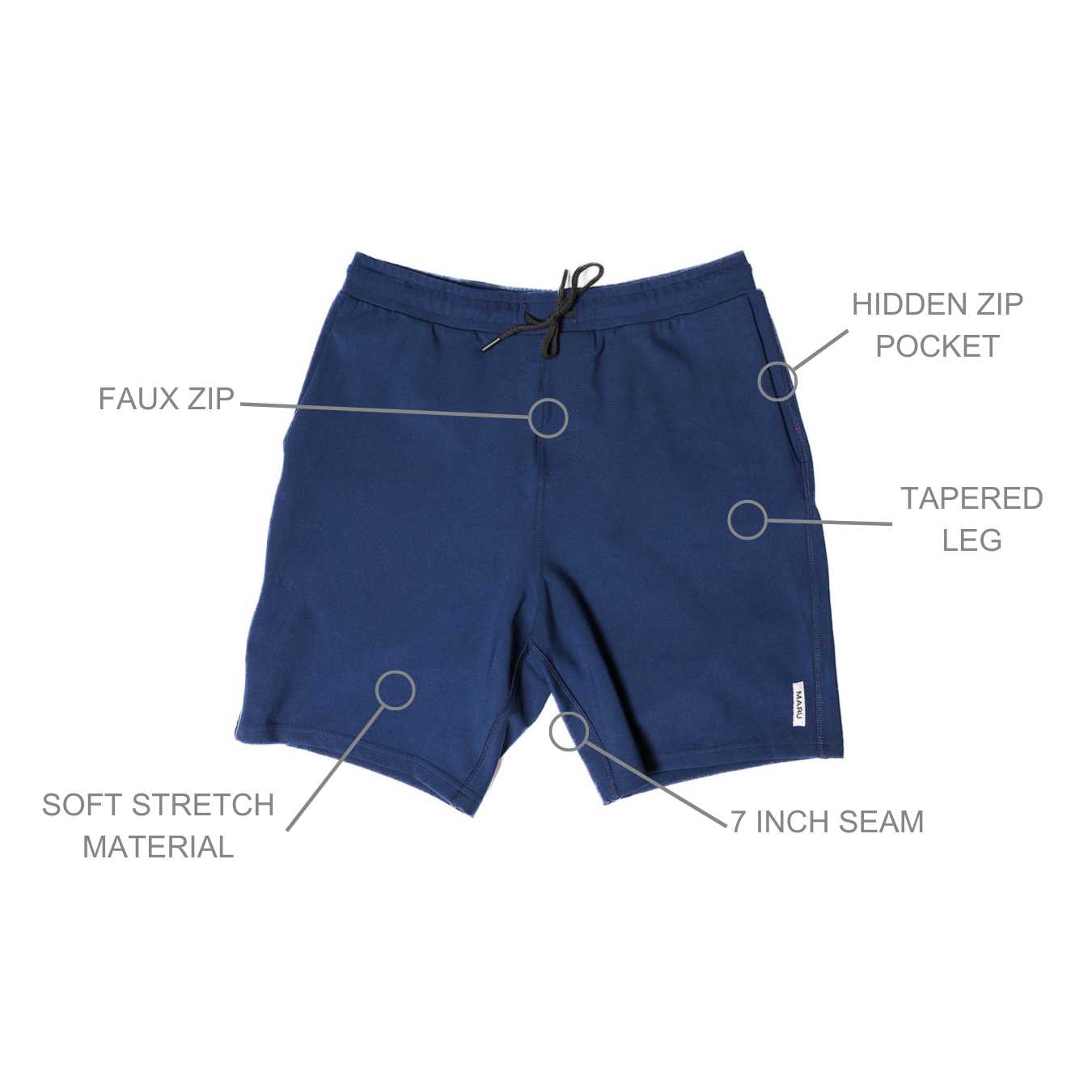 Lifestyle shorts navy blue Maru Clothing garment features