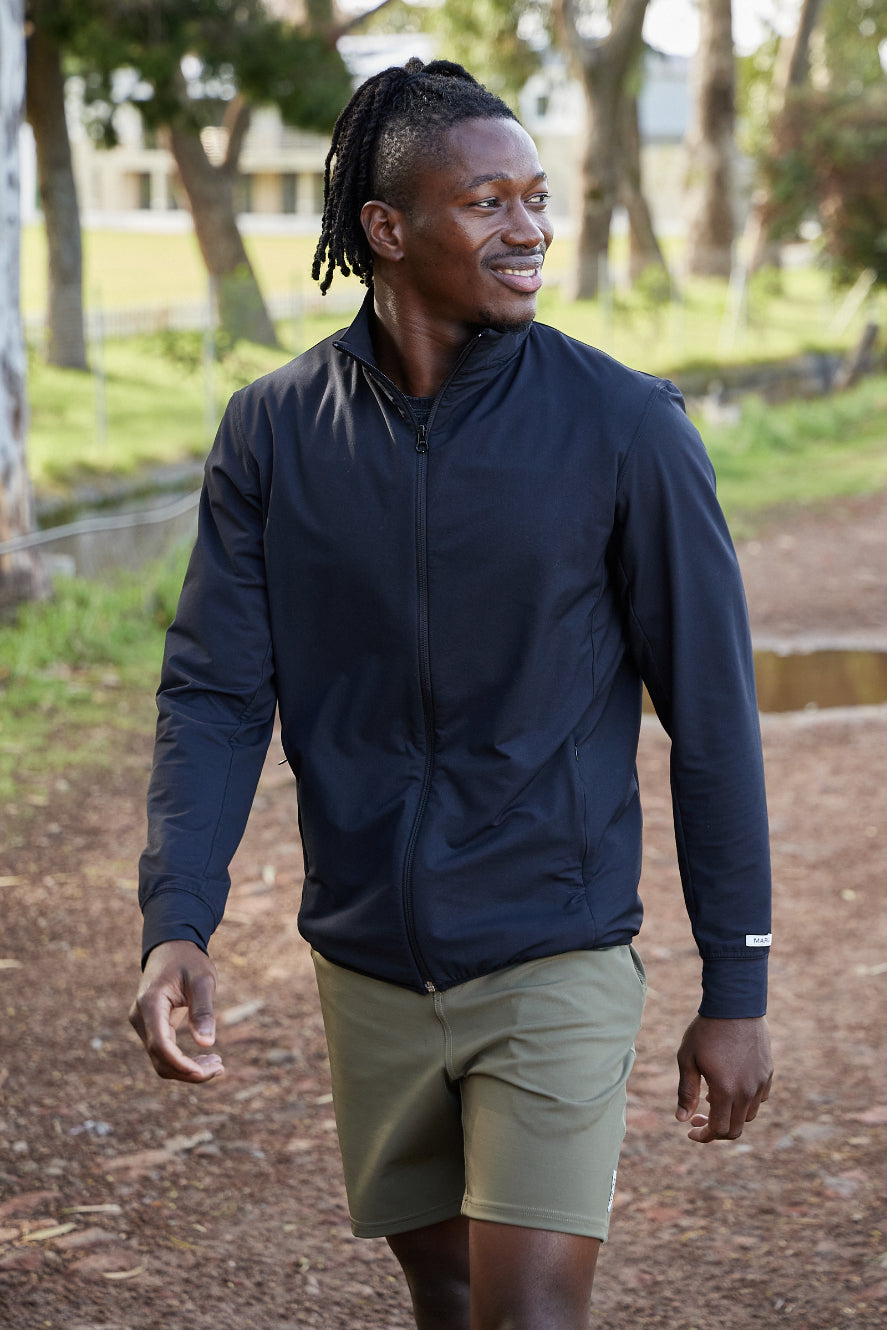 Walking in the Form Jacket paired with the lifestyle shorts Maru Clothing